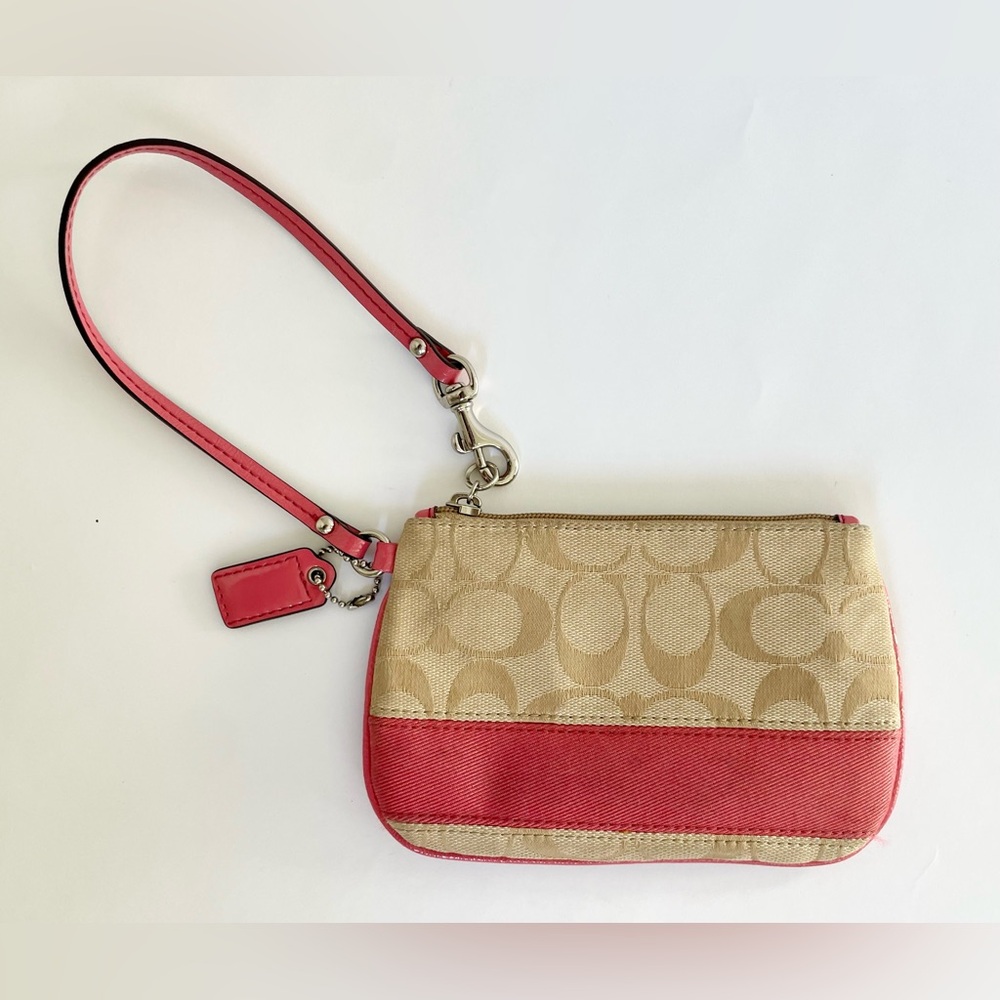 COACH Signature Brown & Tan Canvas Strawberry Pink Stripe Clutch Wristlet